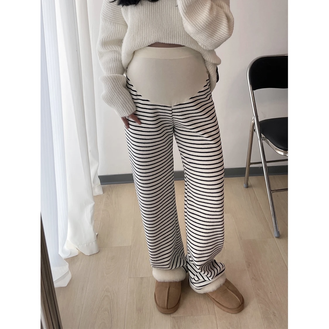 孕妇裤子春秋季托腹高腰条纹阔腿裤加绒冬装休闲裤直筒毛巾打底裤