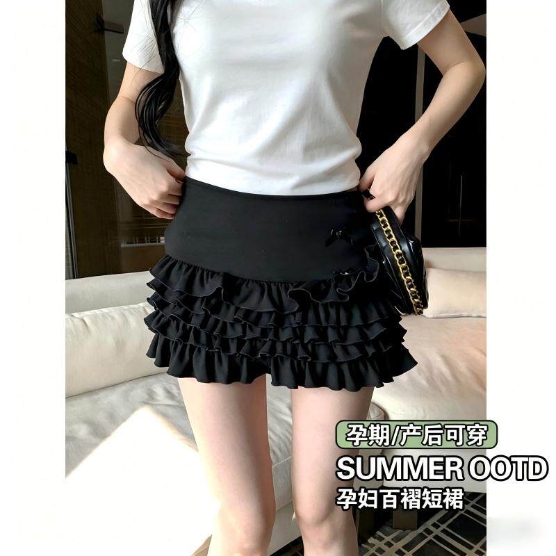 孕妇短裙夏季薄款无托腹带百褶外穿裙产前后半身裙小个子女打底裙