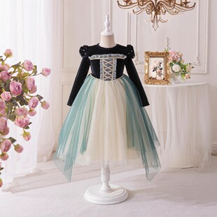 女童长袖丝绒连衣裙秋冬小女孩拼接洋气森系绿渐变蓬蓬纱礼服长裙