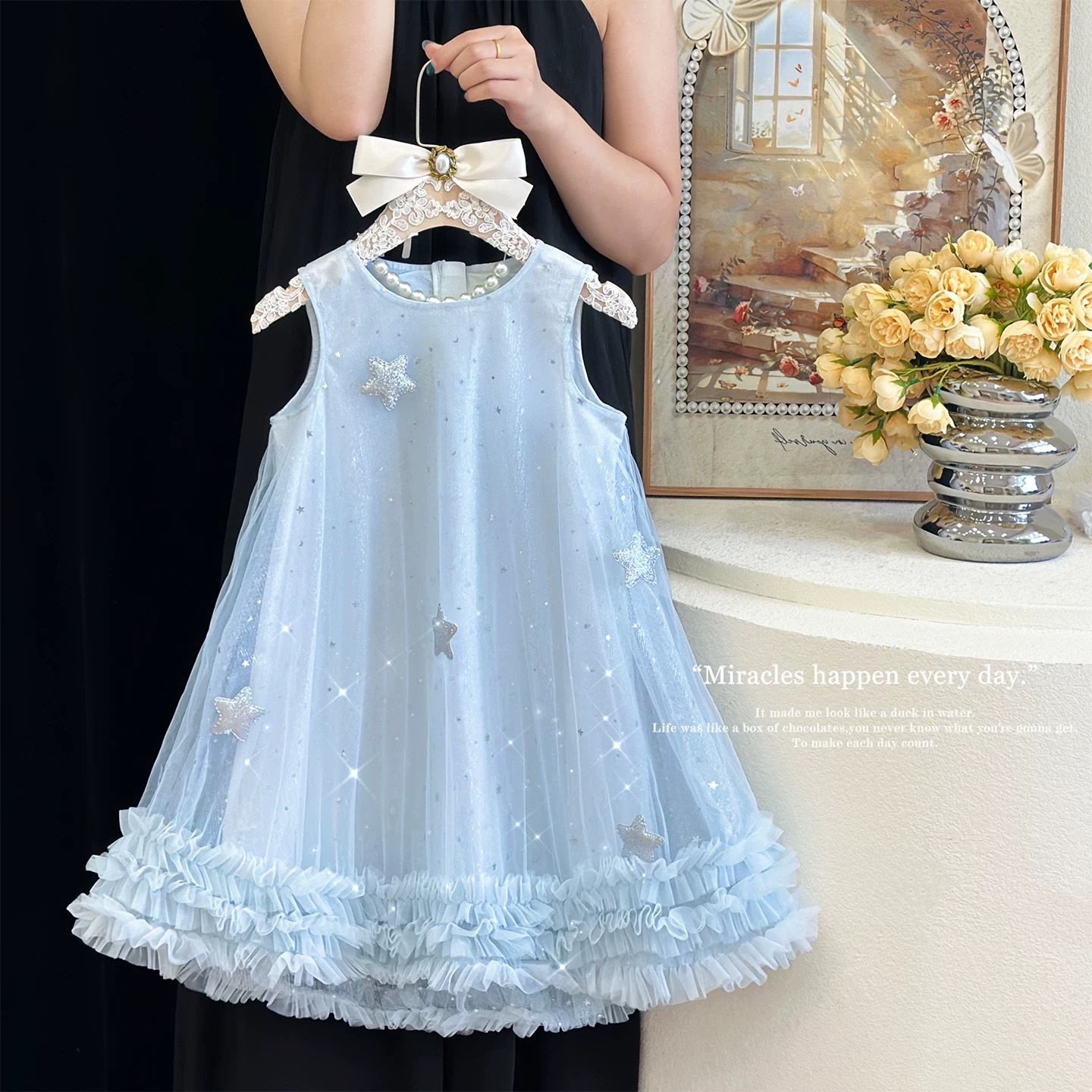 女童韩系洋气亮片公主裙夏季2025绝美超仙无袖背心裙冰蓝色星空裙