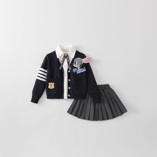 女童加绒针织开衫毛衣外套疯狂动物城朱迪兔子警官JK制服百褶裙