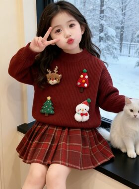 秋冬女童圣诞节服饰毛衣百褶裙服