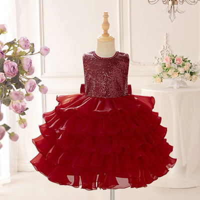 女童红色亮片蝴蝶结洋气蛋糕裙