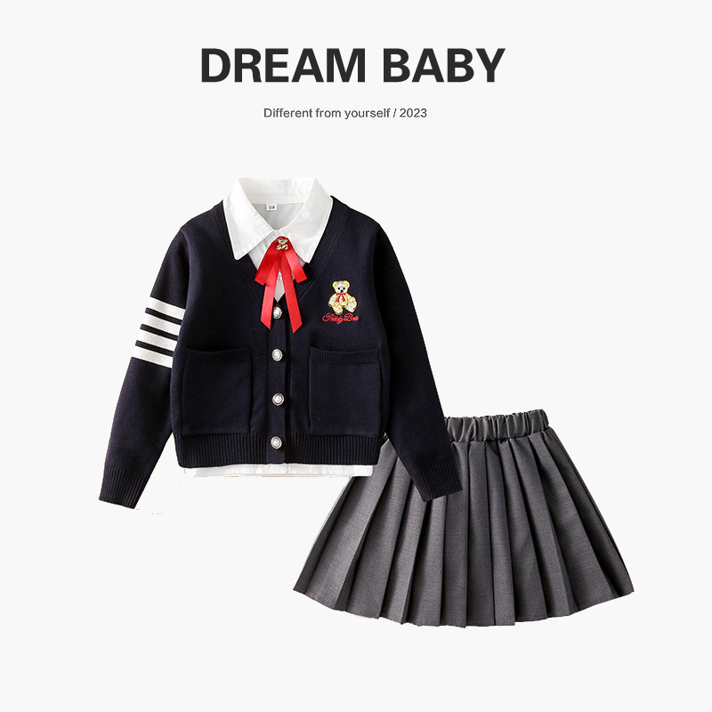 秋季女童毛衣裙三件套开衫百褶裙