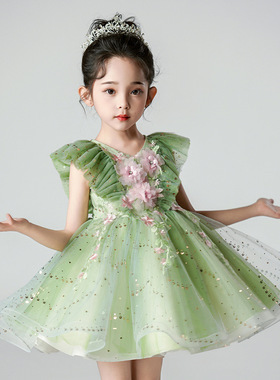 女童小精灵V领礼服公主裙儿童绿色花仙子走秀主持钢琴演出服六一