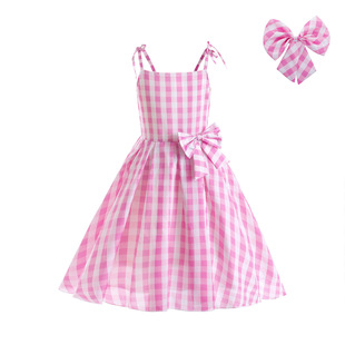 女童真人芭比连衣裙粉色格子短裙甜美洋气可爱吊带裙表演服装夏季