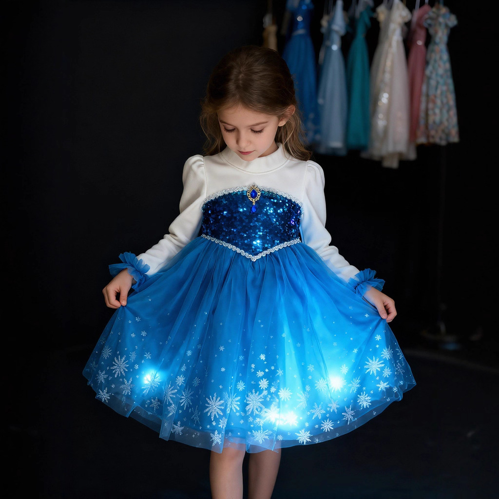 女童冰雪奇缘爱莎发光长袖公主裙