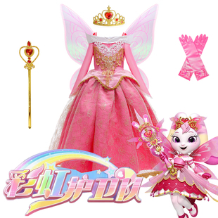 爆款女童彩虹护卫队公主裙长袖蓬蓬演出礼服电影人物扮演服绣花裙