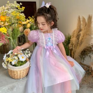 女童新款夏季冰雪短袖彩虹色连衣裙儿童生日聚会六一星黛露演出裙
