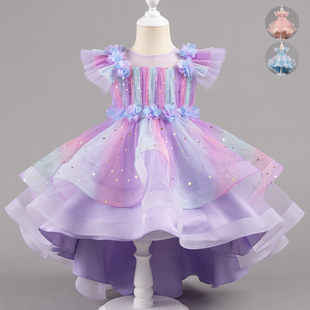 中大女童紫色拖尾礼服裙蓬蓬蝴蝶结燕尾裙子儿童六一演出花童走秀