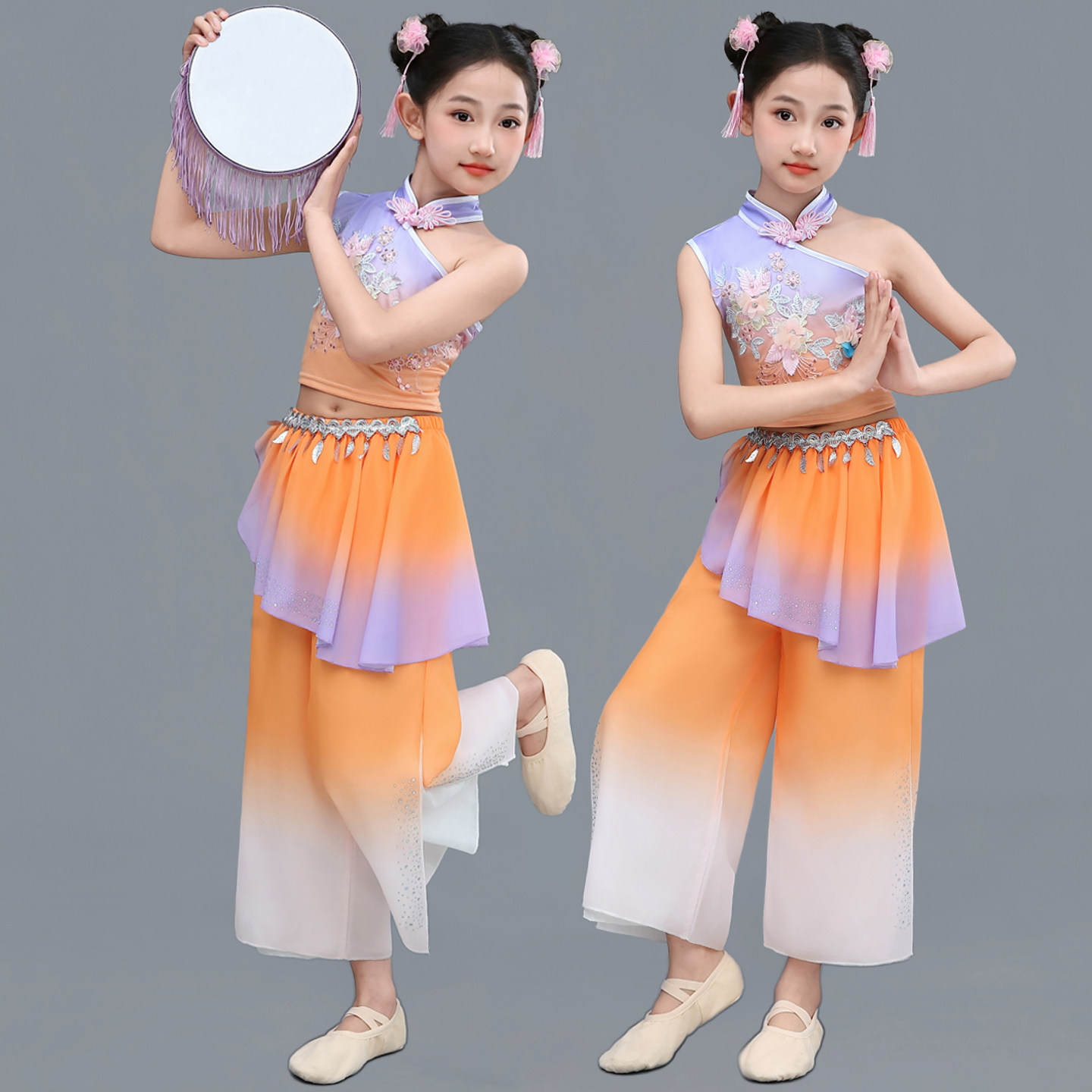 儿童春嬉古典舞演出服中国风胶州秧歌铃鼓道具钱鼓舞少儿表演服装
