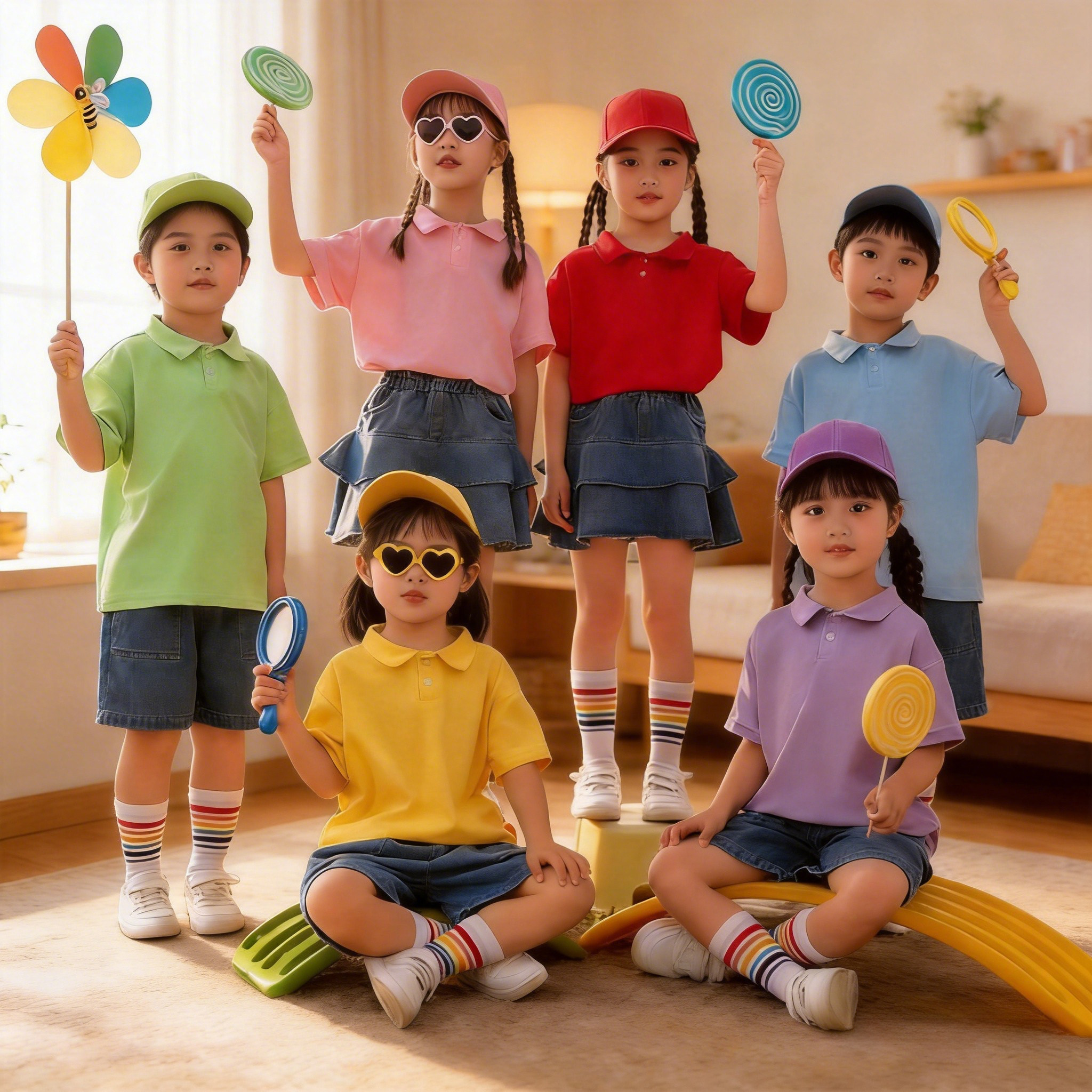 小学生舞蹈彩色POLO衫牛仔演出服