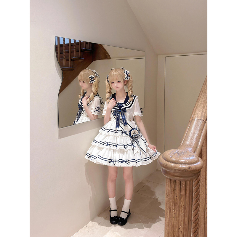 甜美海军风三段式白色lolita裙OP绶带学院风可爱公主裙洛丽塔日常