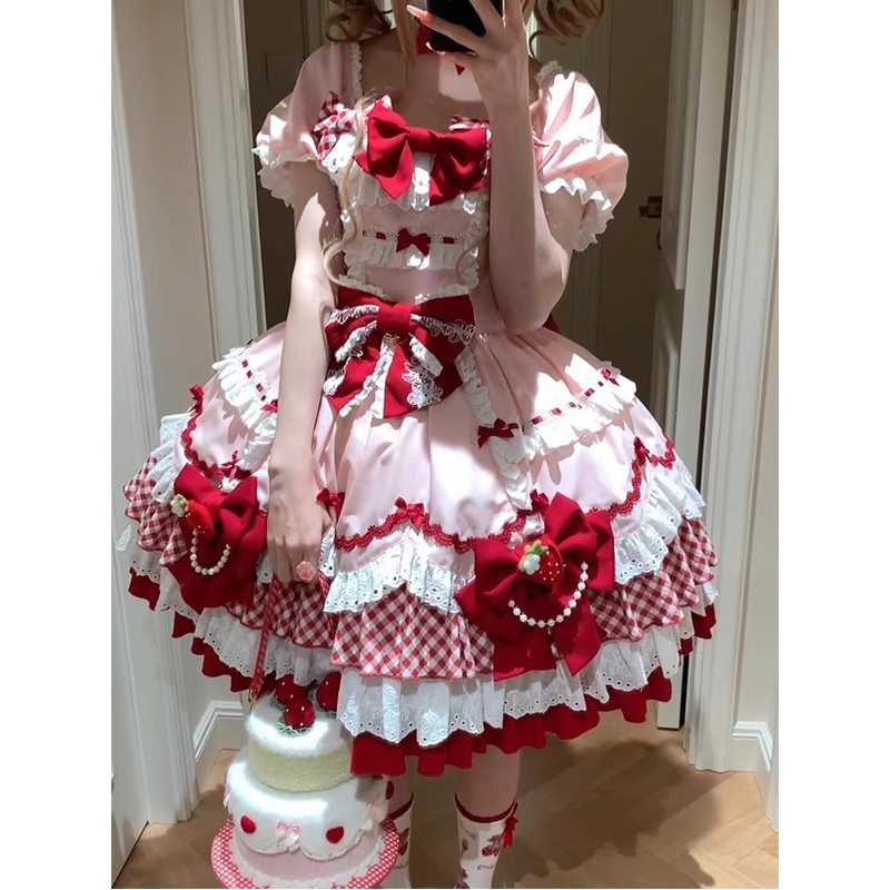 草莓可爱甜美古早感短袖op洛丽塔lolita裙doll感公主裙蛋糕裙洋装