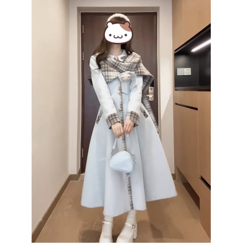 秋冬新款白月光千金温柔优雅气质韩系拼接毛呢长款大衣洛丽塔外套