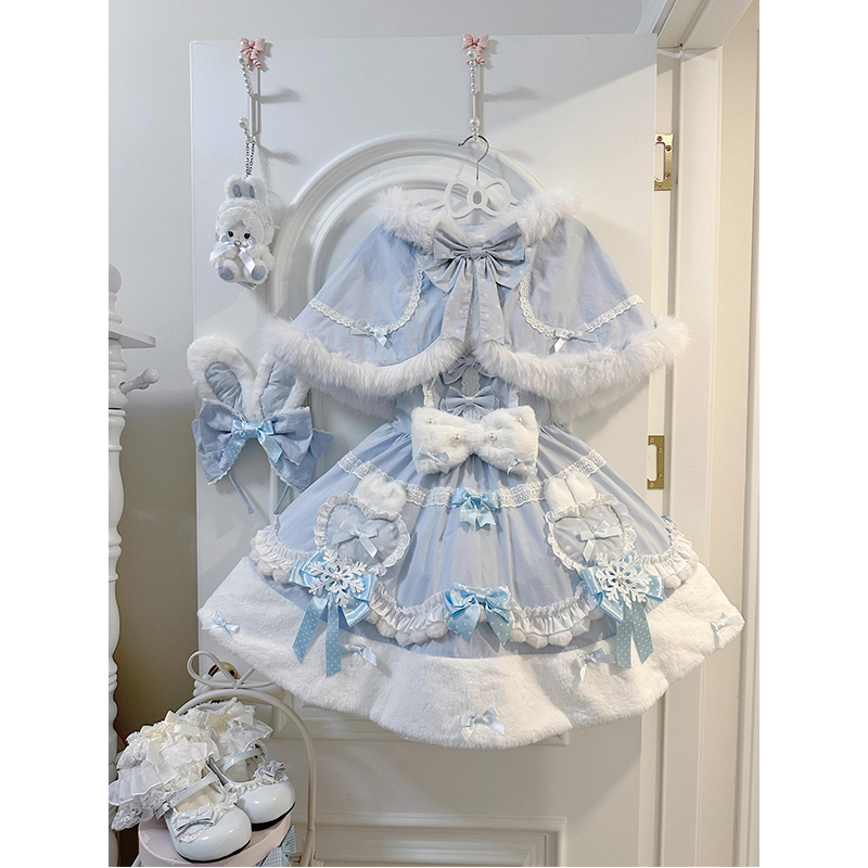 蓝色甜美可爱少女感斗篷收腰连衣裙lolita裙套装洋装洛丽塔秋冬