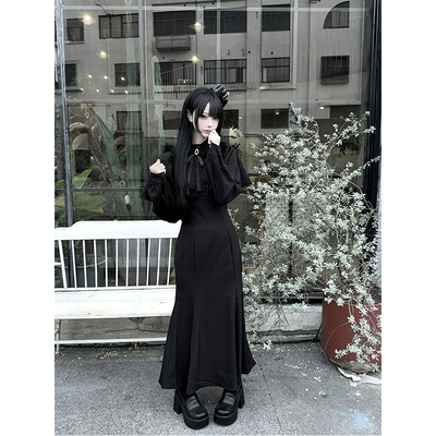 哥特风甜酷黑色斗篷收腰鱼尾连衣裙lolita裙洛丽塔蕾服