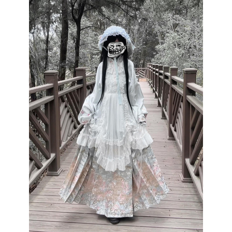 蓝色汉洋折衷汉服女明制琵琶袖交领上衣马面裙洛丽塔lolita裙甜美