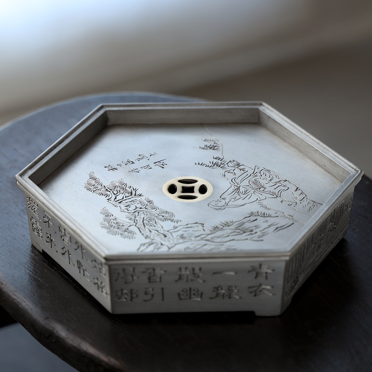 泰昌号精工雕刻锡茶盘托盘紫砂壶养壶六角锡壶承茶船工夫茶具蓄水