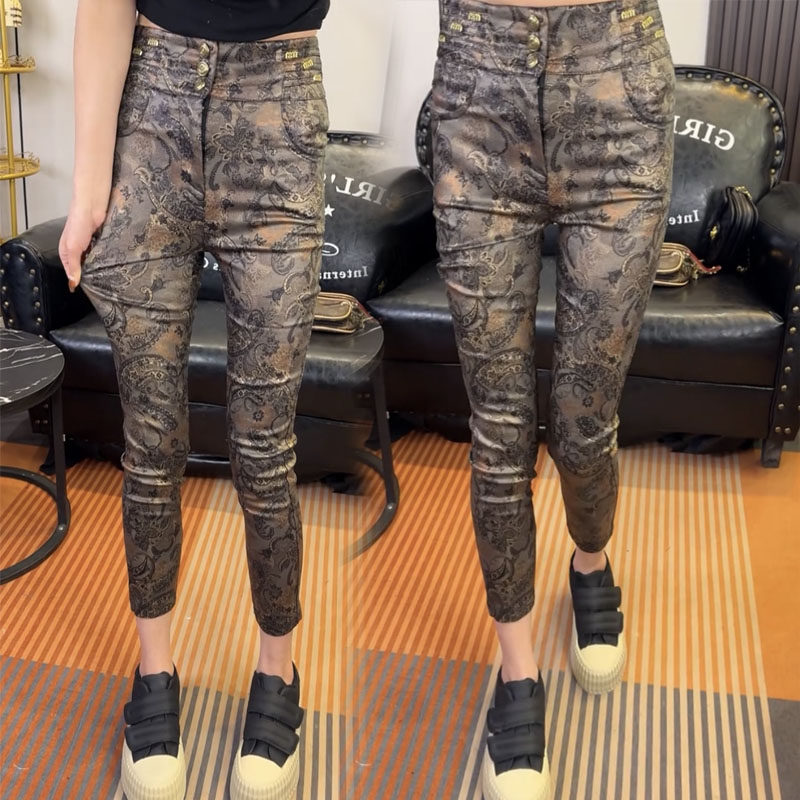 欧货加绒皮裤女冬季新款花色磨毛铅笔裤涂层皮U仿皮裤显瘦小脚裤