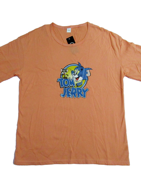 T恤女夏季新款韩版潮流大码宽松纯棉短袖卡通猫与老鼠圆领橙色T恤