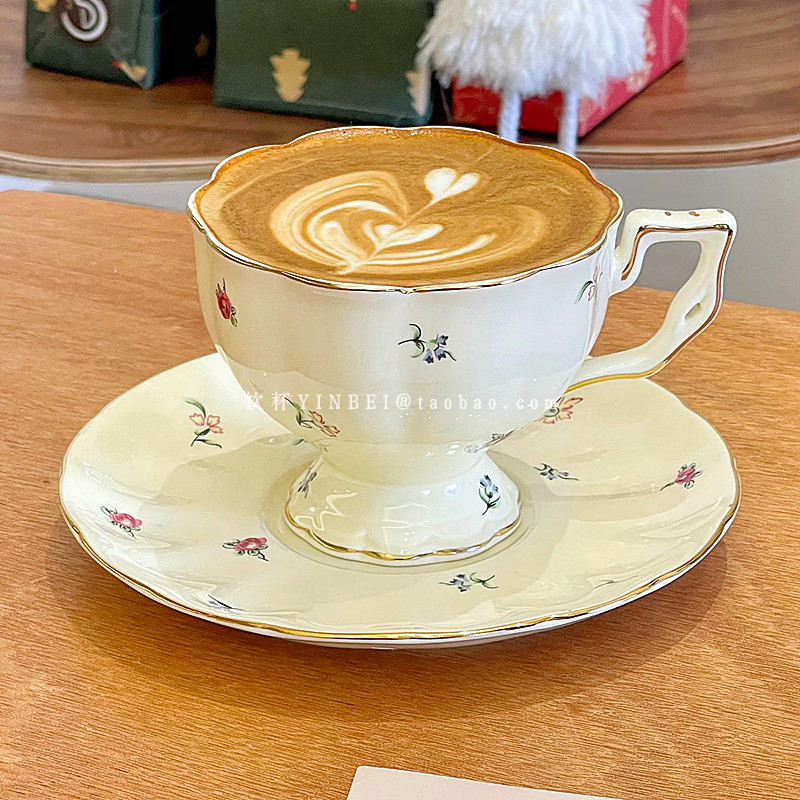 法式宫廷风碎花金边咖啡杯碟英式下午茶陶瓷vintage拉花杯碟套装