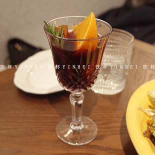 小众ins风高脚咖啡杯玻璃拿铁杯复古香槟杯鸡尾酒杯刻花热红酒杯