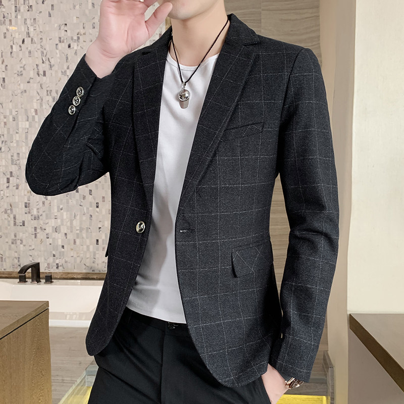 2026春秋季新款休闲西服男士韩版修身帅气西装青年格子免烫外套潮