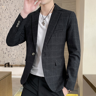 新款 帅气西装 休闲西服男士 修身 青年格子免烫外套潮 韩版 2026春秋季