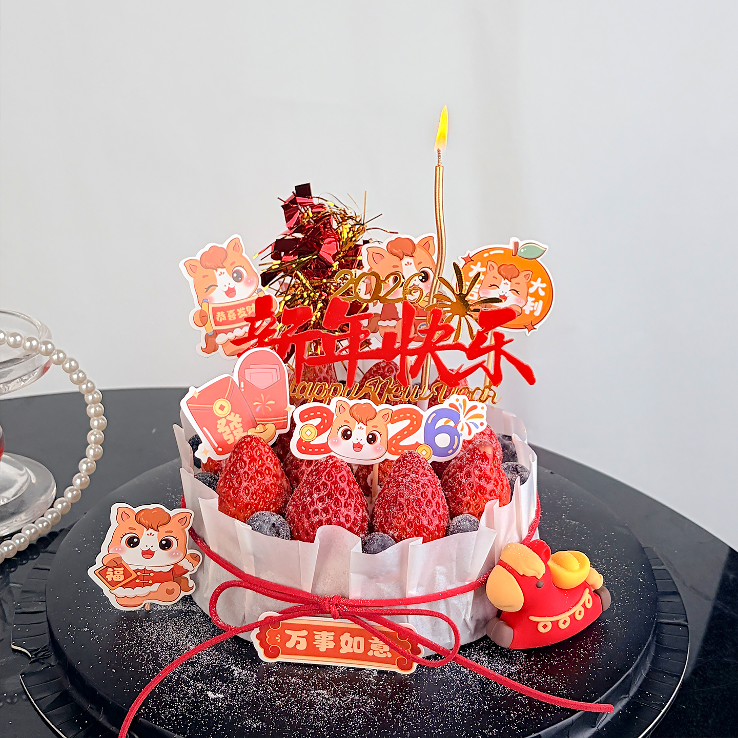 2026新年巴斯克生肖马蛋糕装饰品摆件新年快乐亚克力烘焙装扮插件