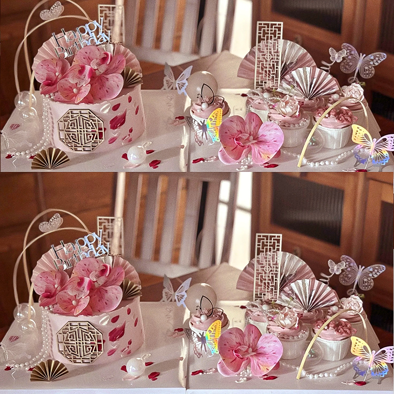 新中式妈妈生日蛋糕装饰古典油画蝴蝶兰屏风折扇蝴蝶珍珠纸杯插件图片