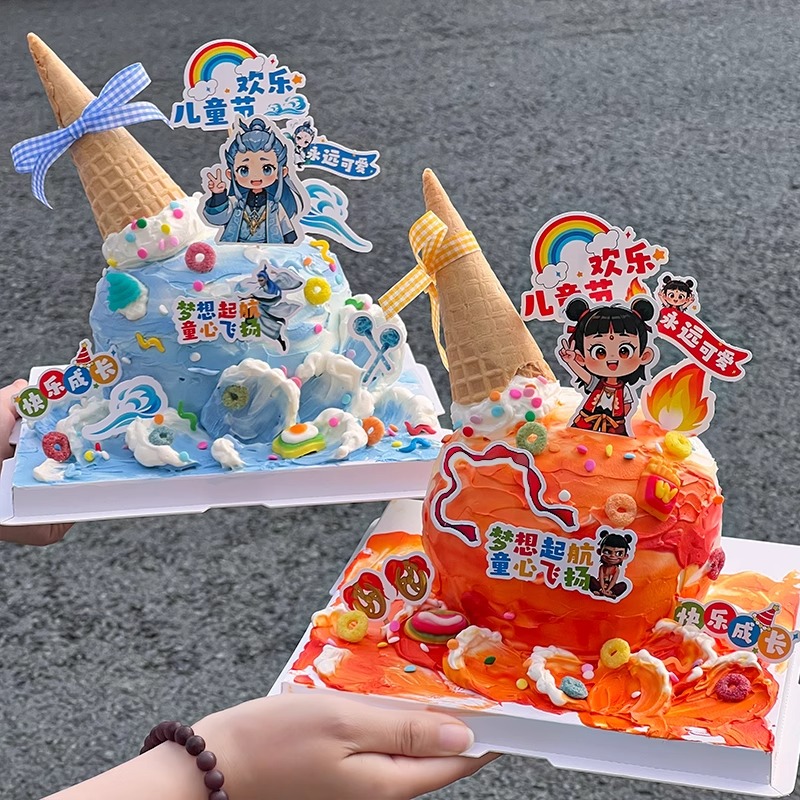 六一儿童节蛋糕装饰卡通哪吒敖丙插牌冰淇淋甜筒插件装饰材料包w