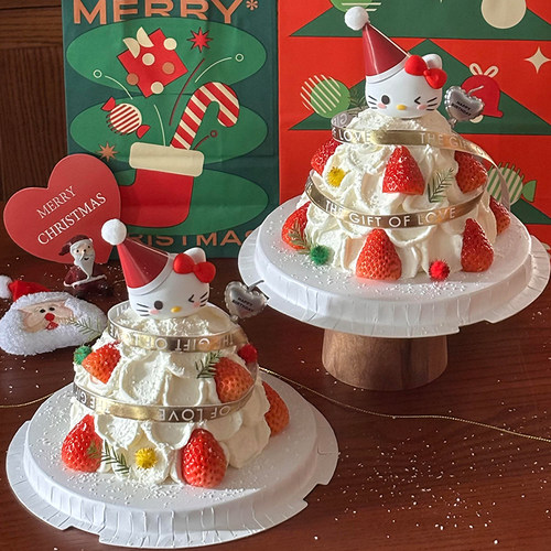 2025圣诞节hello kitty蛋糕装饰蝴蝶结KT猫圣诞树圣诞帽甜品摆件