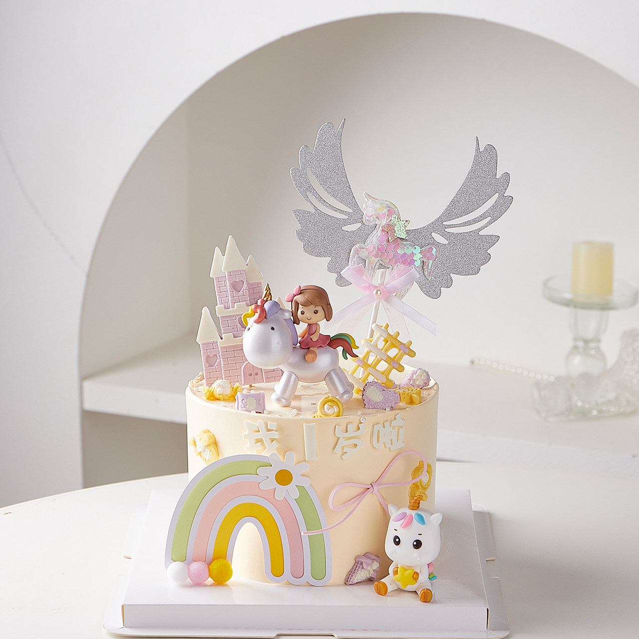 网红独角兽女孩蛋糕装饰摆件公主小仙女生日卡通爱心城堡彩虹插牌