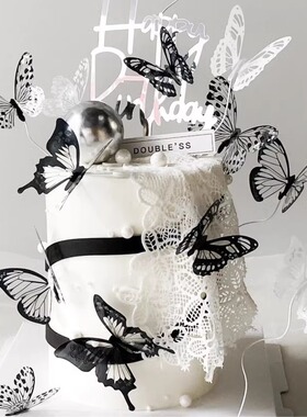 网红黑色系蝴蝶蛋糕装饰插件亚克力女神仙女生日快乐甜品台装扮m