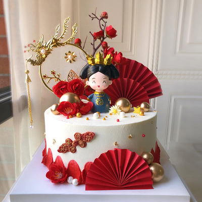 网红古风皇后娘娘蛋糕装饰凤凰于飞梅花折扇女神女王生日烘焙装扮