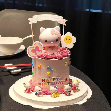 网红KT猫蛋糕装饰摆件儿童女孩HelloKitty可爱小猫生日甜品台插件