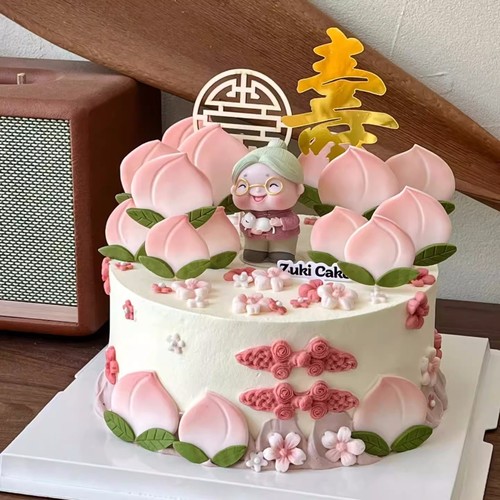 中国风奶奶外婆过寿生日蛋糕装饰摆件平面寿桃金鱼巧克力翻糖模具
