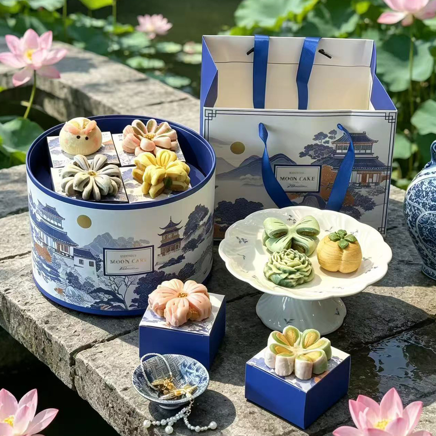 中秋节双层月饼包装礼盒创意国风青花桶蛋黄酥流心月饼送礼空盒