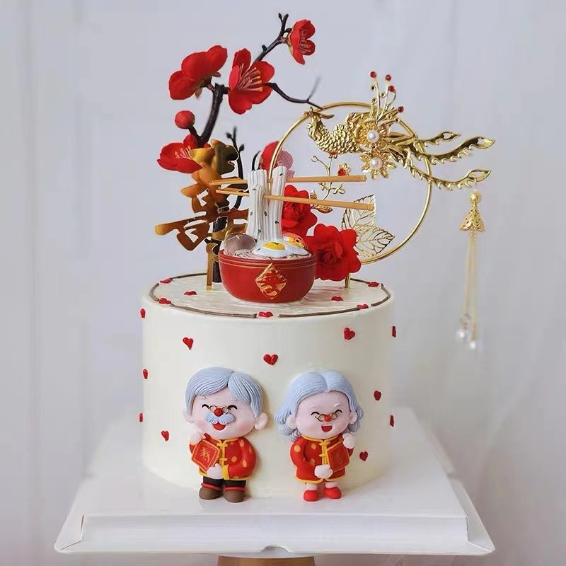 网红祝寿蛋糕装饰创意长寿面碗摆件寿星爷爷奶奶过寿生日蛋糕装扮