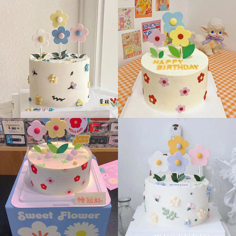 韩风ins文艺卡通小花蛋糕烘焙插件唯美花朵eva小红花蛋糕装饰插牌