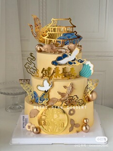 网红中式祝寿蛋糕装饰插件万寿无疆健康长寿仙鹤祥云屏风烘焙插牌