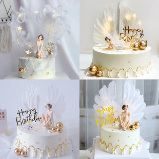 花仙子蛋糕装 饰珍珠羽毛翅膀插件 饰摆件天使女孩女神生日烘焙装
