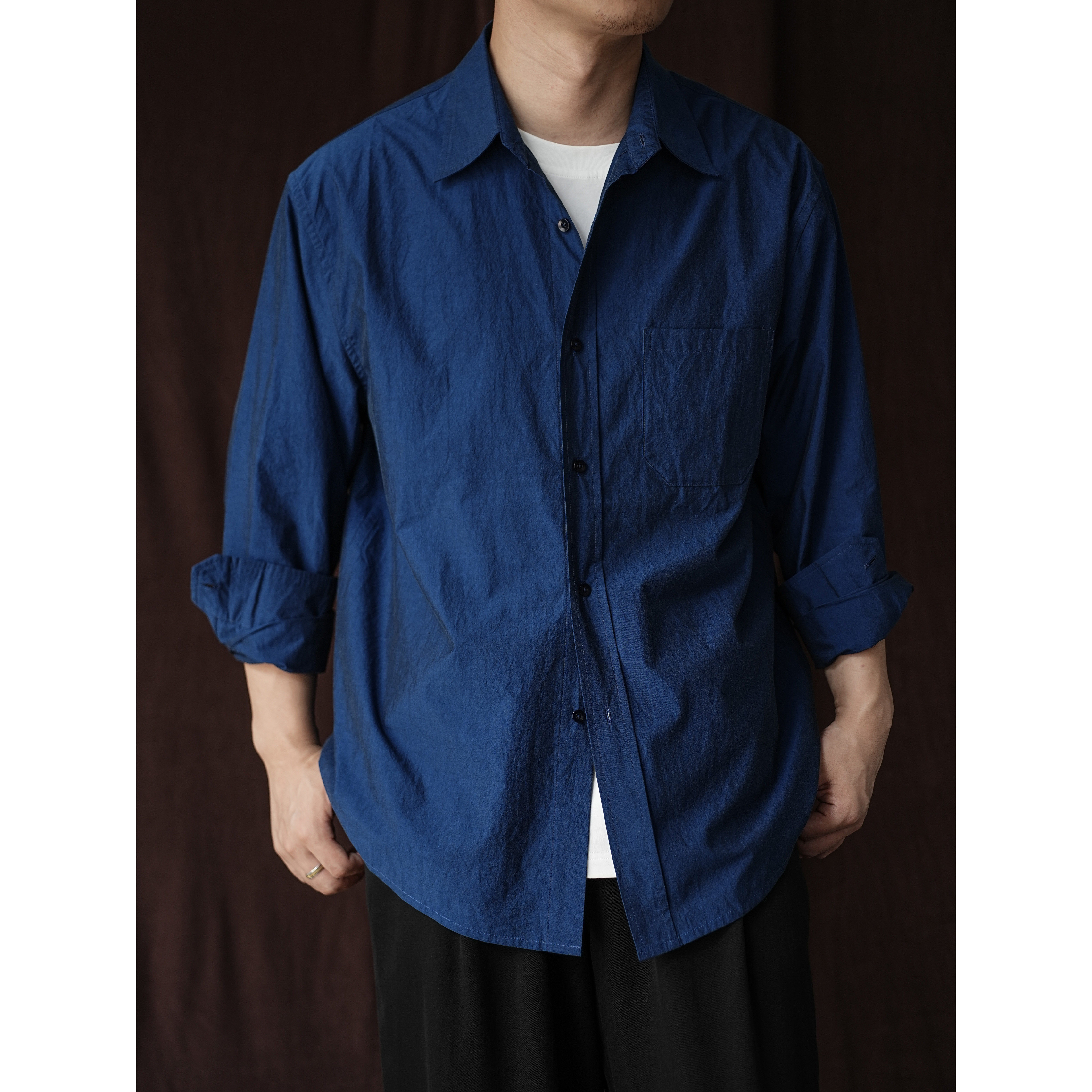 WATEREVER 「夜阑」极简蓝色色织匹马棉 高支高密质感长袖衬衫