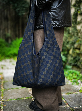 WATEREVER「时光」色织格纹牛仔单肩手拎帆布包