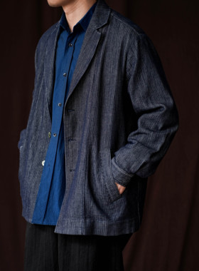 WATEREVER「山河」蓝色色织暗条纹牛仔西装夹克高级感不褪色