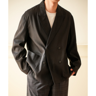 WATEREVER 外套复古宽松光泽感夹克 黑色双排扣戗驳领天丝麻西装