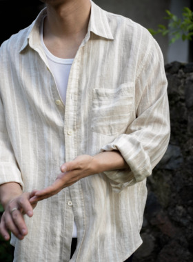 WATEREVER | 「清泉」纯亚麻色织米白色条纹长袖衬衫轻薄防晒衣
