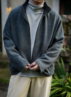 WATEREVER「绒花·烟」烟灰色拉链半高领羊毛天丝肌理感夹克外套