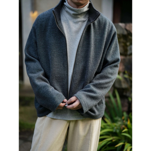 WATEREVER「绒花·烟」烟灰色拉链半高领羊毛天丝肌理感夹克外套